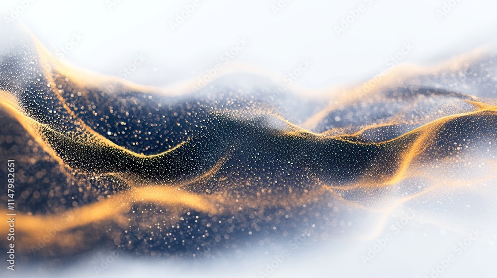 Poster a mesmerizing abstract image featuring golden particles flowing over soft waves, evoking a sense of 