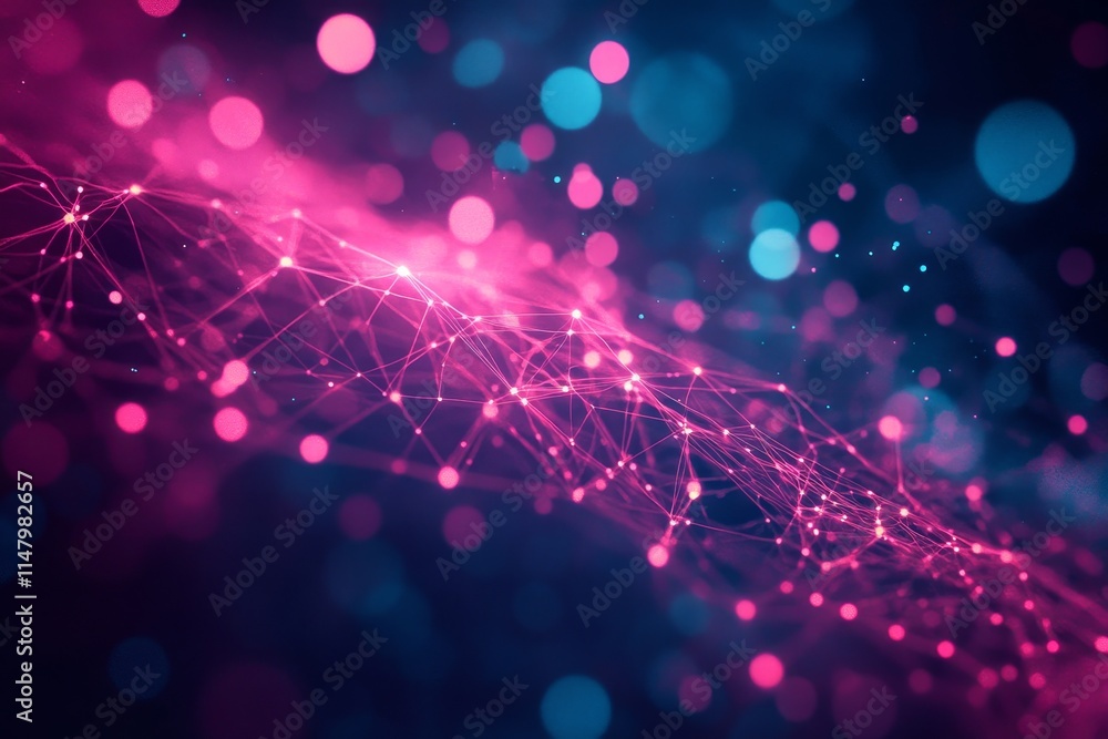 Poster colorful abstract design showcasing a network of glowing points and lines against a dark background,