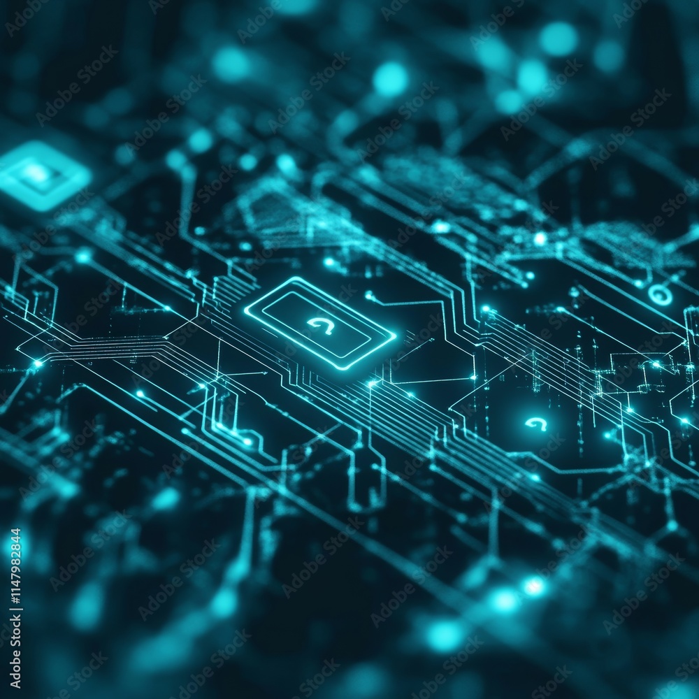 Poster visual representation of a futuristic circuit board structure illuminated in blue and green hues sho