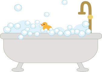 bathtub with bubble soapy water and rubber duck illustration. cute cartoon illustration for bath, clean, hygiene theme.