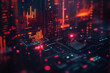 Visual Representation of a Futuristic Digital Interface Featuring Glowing Graphs and Data Streams in a Dark Setting