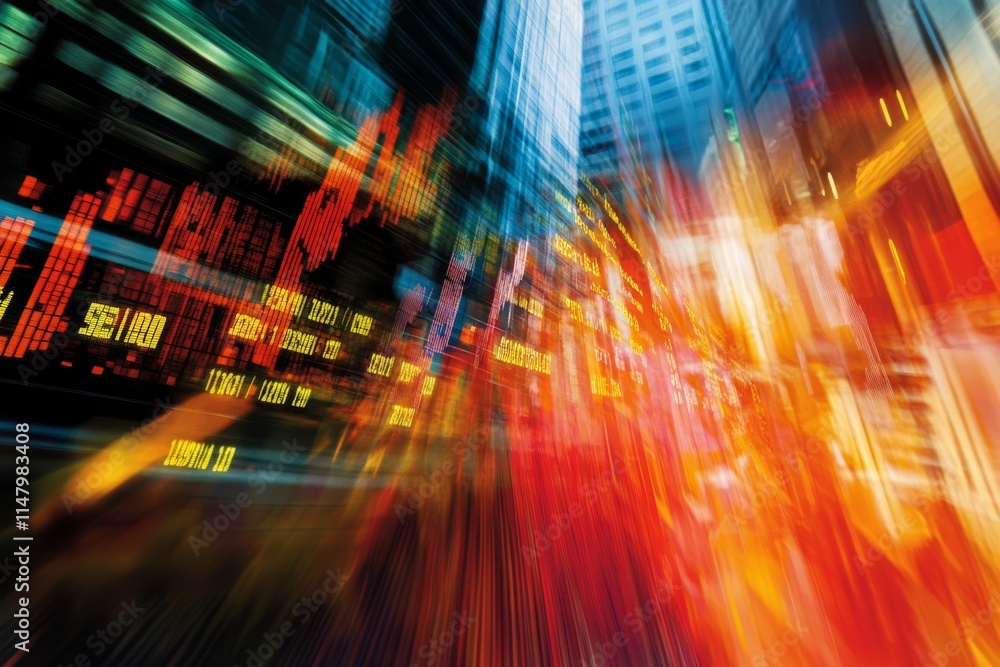 Poster a blurry image of a city skyline with a lot of numbers and a red and orange background. the numbers 