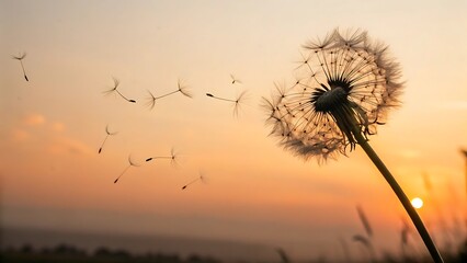 Fototapeta premium Macro shot of a dandelion dispersing its seeds in a dreamy background.