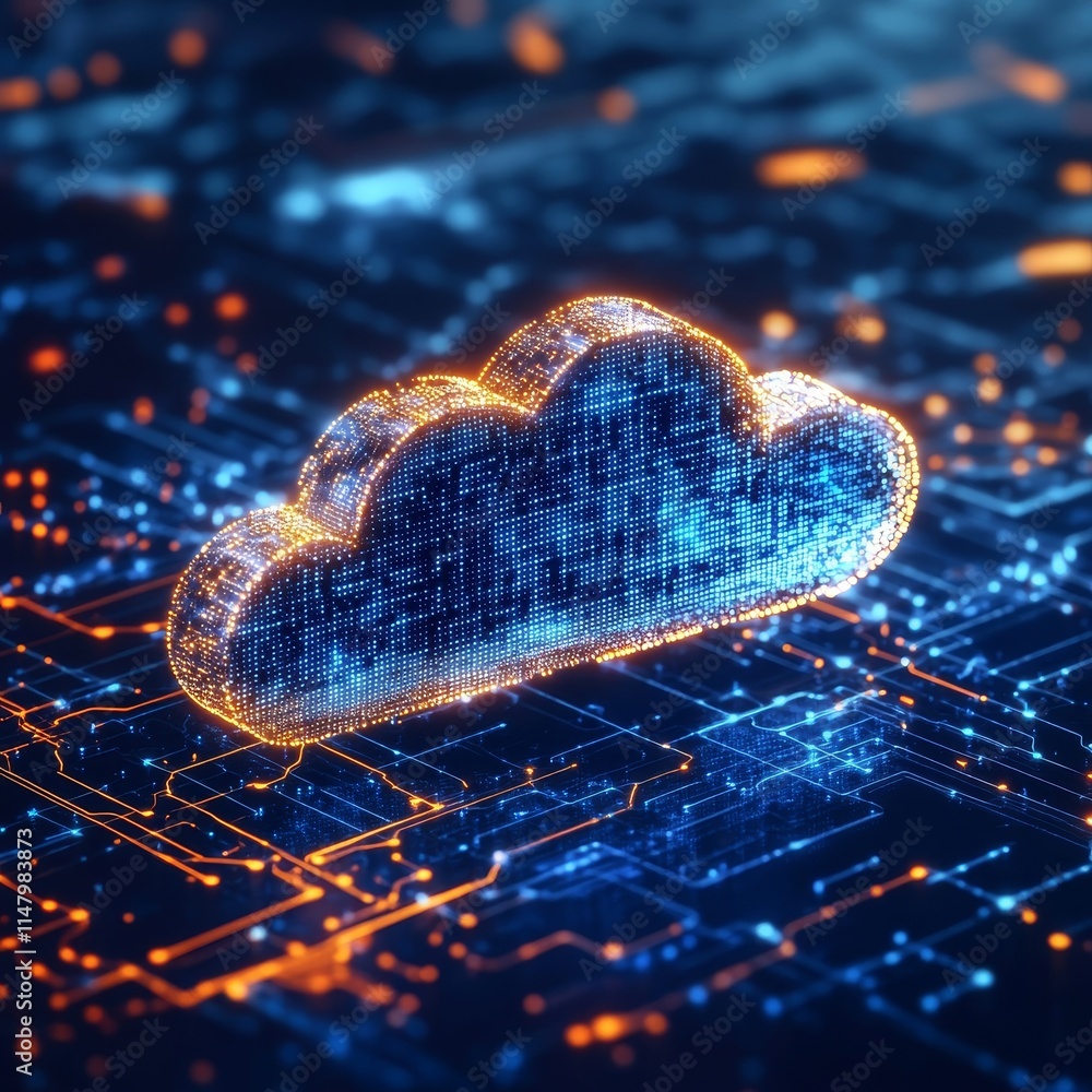 Poster digital cloud symbol illuminates a futuristic circuit board with glowing connections and vibrant col