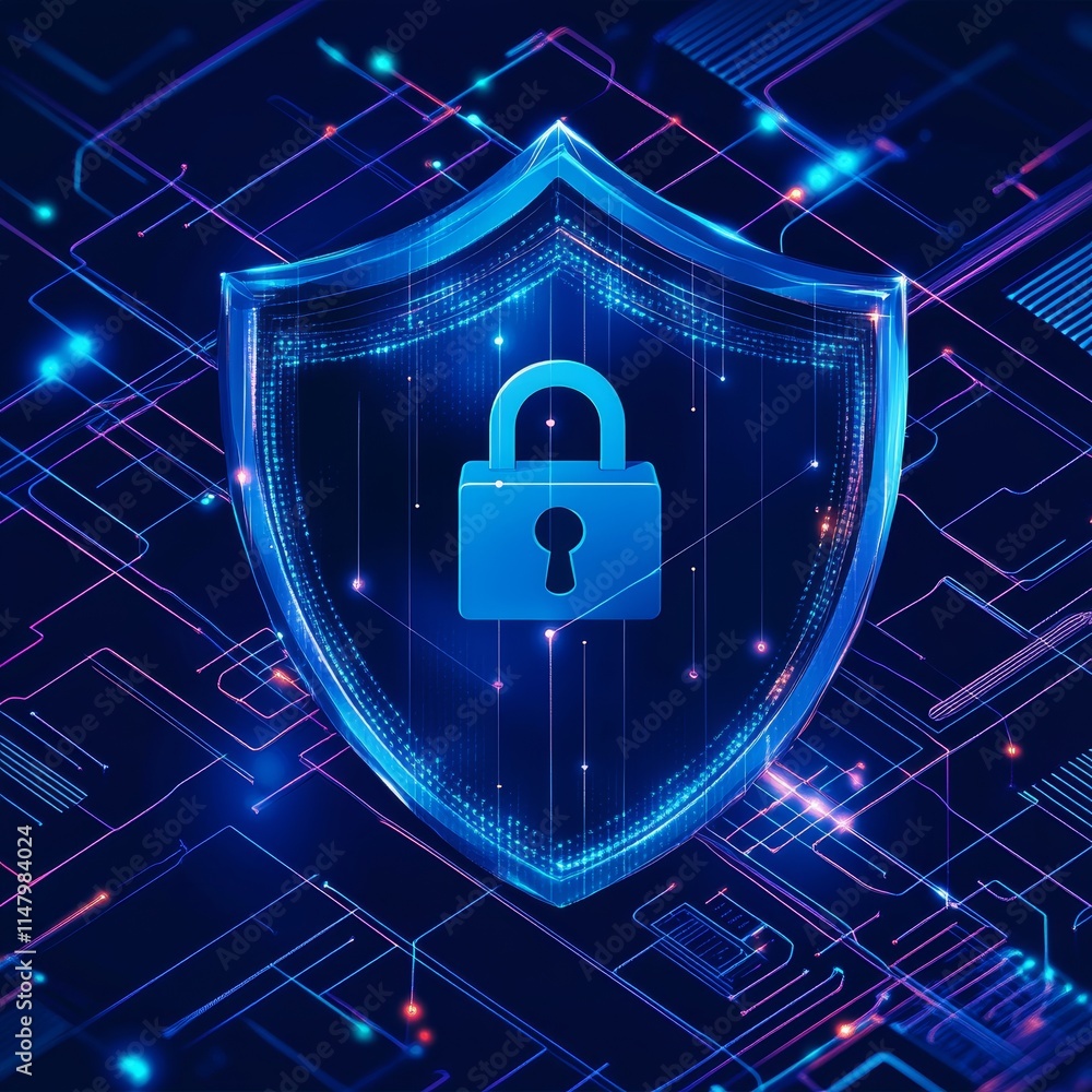 Poster digital security shield with padlock symbol against a futuristic background of circuits and glowing 