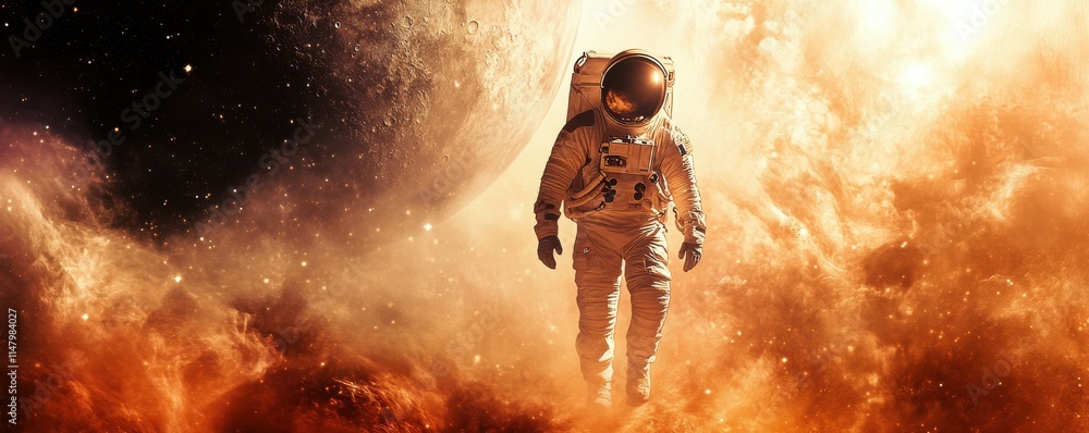 Poster astronaut walking on an unexplored planet. mixed media