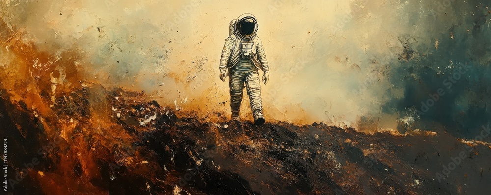 Poster astronaut walking on an unexplored planet. mixed media