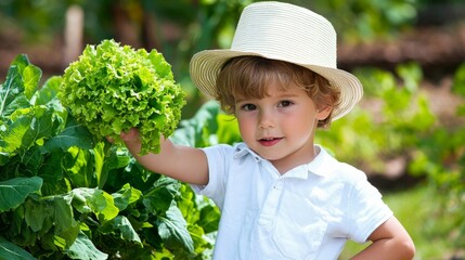Child holding fresh lettuce in a sunny garden surrounded by leafy greens