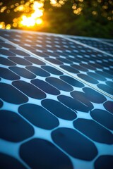 Fototapeta premium Solar panels capture sunlight at sunset, supporting sustainable energy generation in an eco-friendly community
