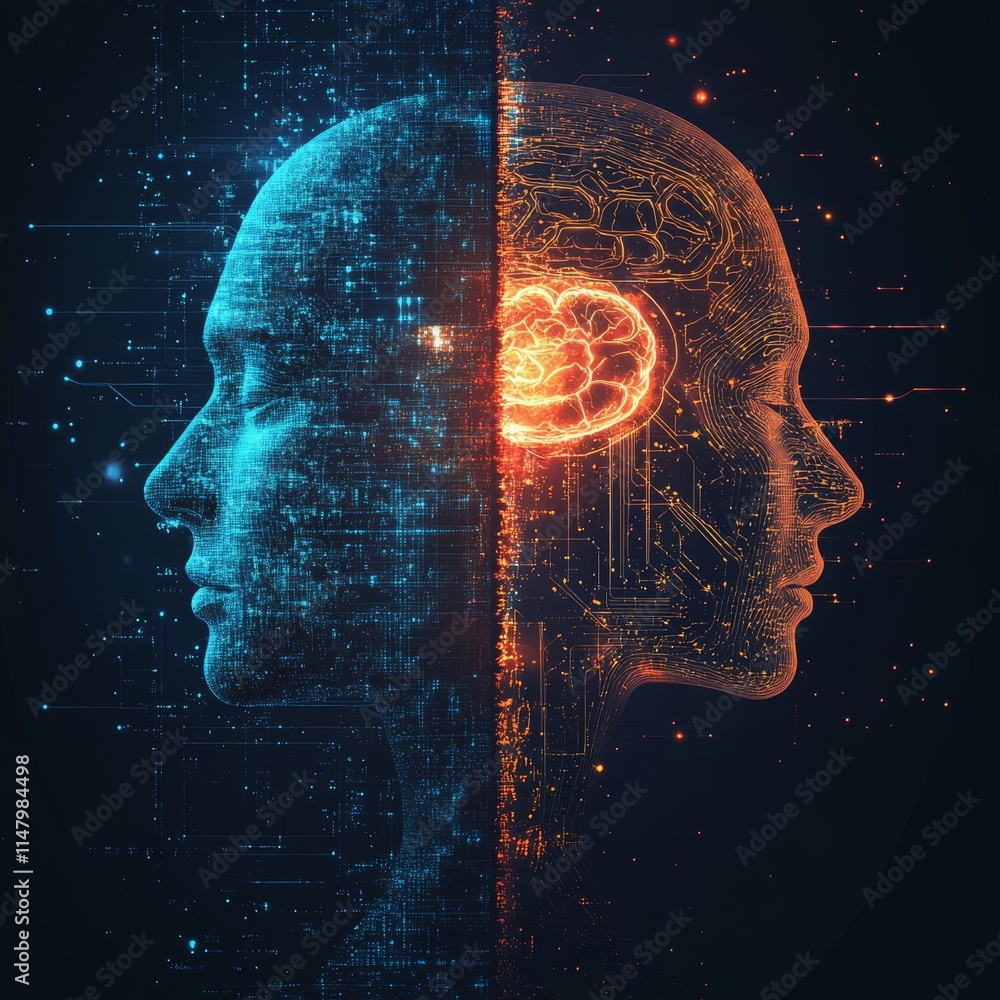 Poster exploring the intersection of technology and human consciousness through a visual representation of 