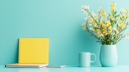 Yellow book, teal mug & wildflowers in a vase against a mint green background.