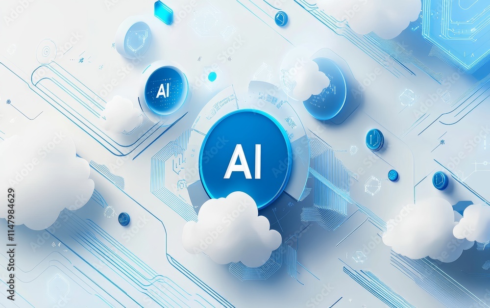 Poster digital representation of artificial intelligence with clouds and technology symbols illustrating th