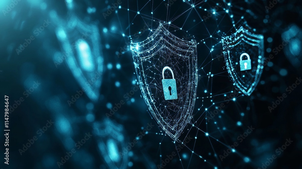 Poster digital shields symbolizing cybersecurity with a glowing network background showcasing interconnecte