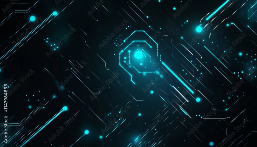 Poster abstract digital background with glowing lines and circuits in blue and black colors representing te