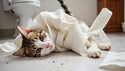 Playful cat tangled in toilet paper, rolling around on the floor with bits of paper everywhere