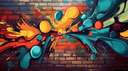 Colorful Abstract Graffiti Mural on a Brick Wall Exhibiting Vibrant Splashes and Dynamic Shapes,...