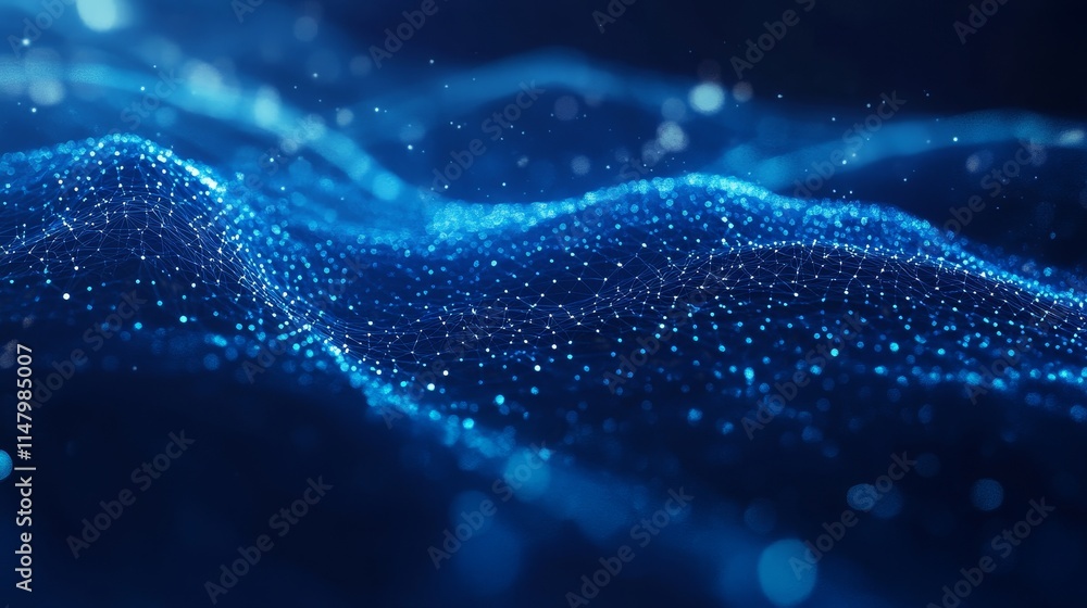 Poster digital blue waves of particles illuminate the abstract landscape of technology and innovation in a 