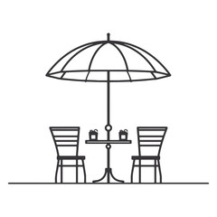 cafe with chairs and table under an umbrella line art vector illustration