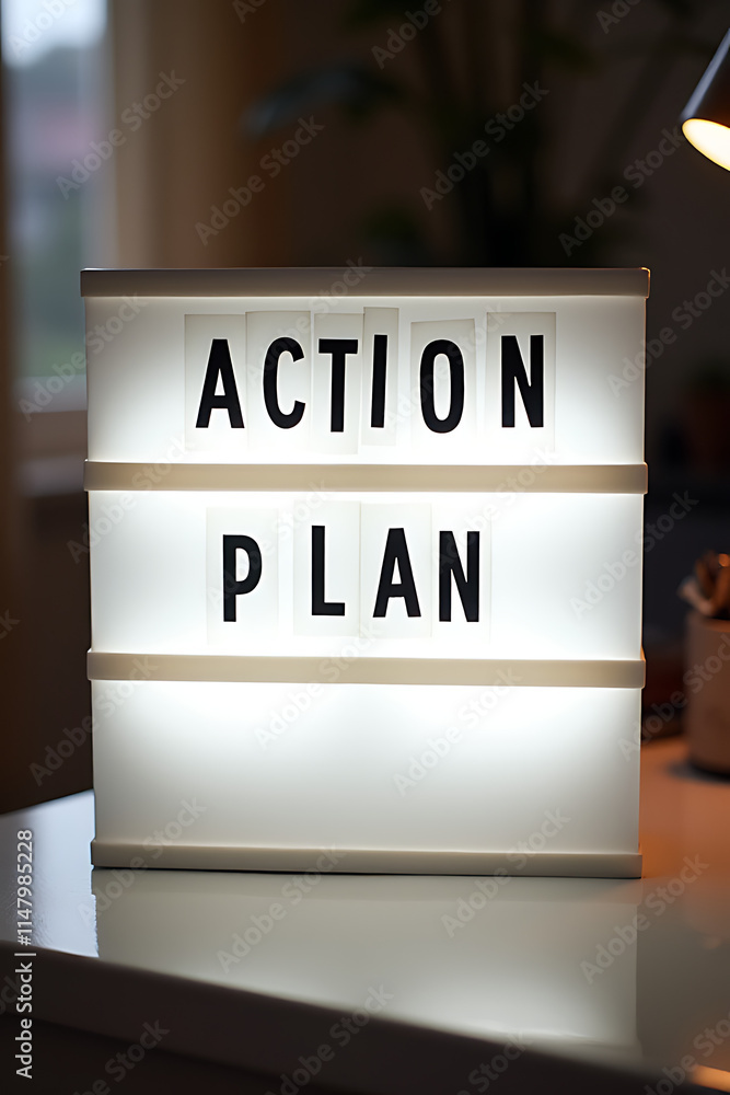 Poster The action plan is displayed on a light box placed on a desk table within my home office for business motivation._00003_