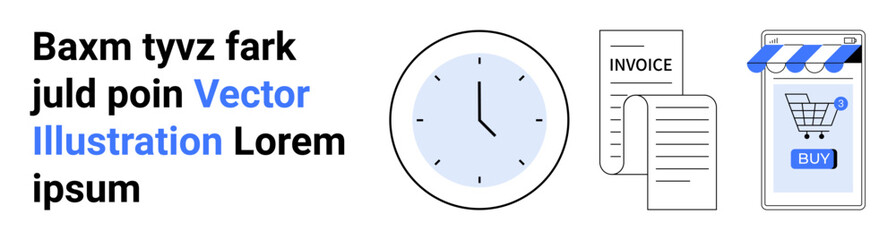 Clock, invoices, shopping cart, and digital store interface. Ideal for e-commerce, time management, online invoicing, digital marketplaces, financial services, business tools, and startup guides