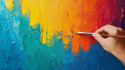 Close-Up of Hand Painting Vibrant Colorful Abstract Artwork in Studio Environment