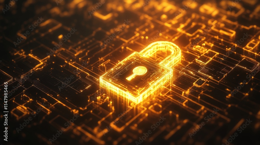 Aufkleber digital security symbol representing cybersecurity concepts with glowing lock on a complex network b