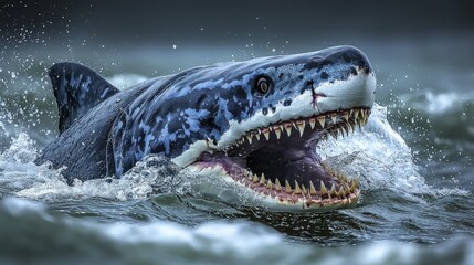 Naklejka premium Majestic great white shark emerges from ocean depths, its powerful jaws open wide, showcasing sharp teeth. A stunning underwater wildlife scene.