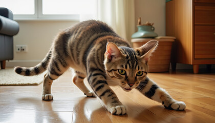 Naklejka premium Cat doing a deep stretch with paws reaching forward in a peaceful home environment