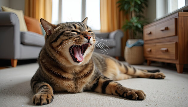 Relaxed cat yawning and stretching out in a comfortable living room setting
