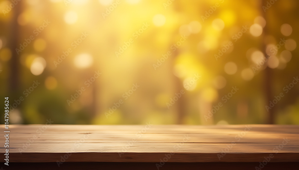 Poster Table top with blurred light gold bokeh background ideal for empty space to create a visually appealing montage and layout display._00003_