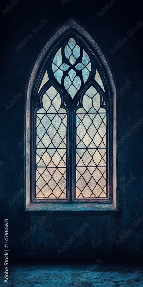 Poster A window with a blue frame and a blue background. The window is open and the light is shining through it