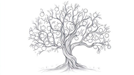 Obraz premium Ornate Fruit Tree Line Drawing With Abundant Apples