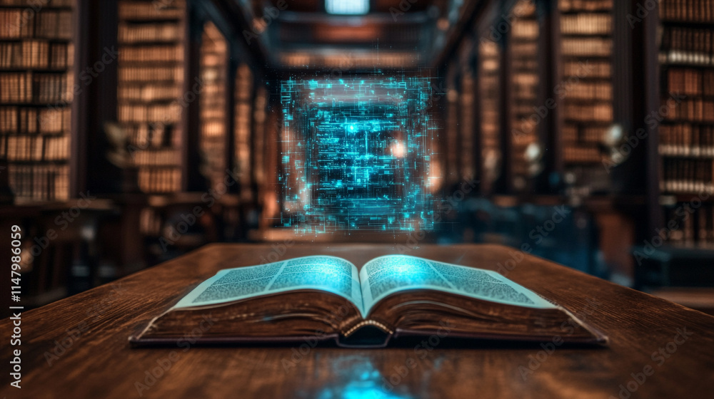 Poster digital transformation in a historic library with illuminated book.