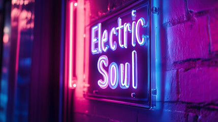 "Electric Soul" neon sign with purple ambient lighting, modern venue signage on brick wall