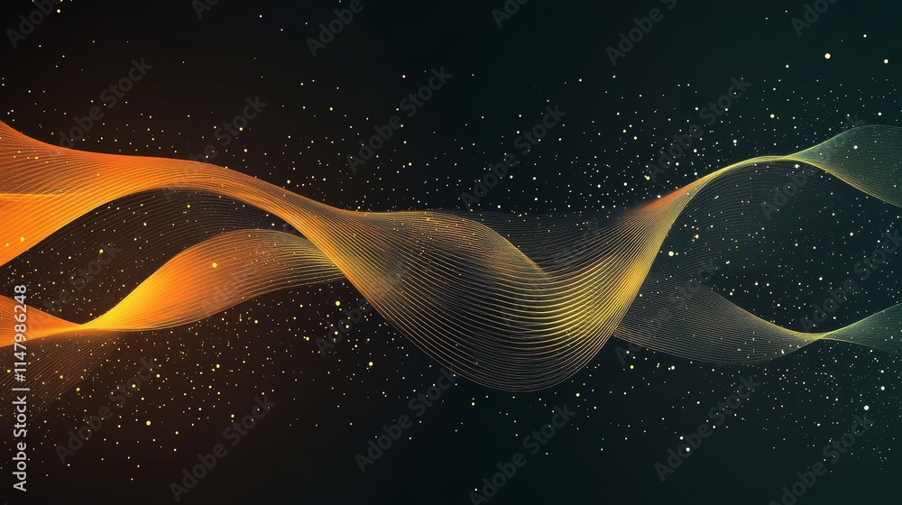 Poster dynamic wave patterns in a dark space filled with shimmering particles create an ethereal digital la