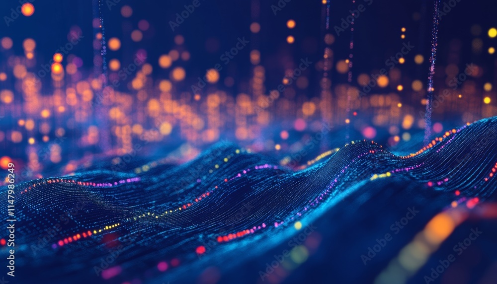 Poster colorful waves of digital particles create a mesmerizing display of light and movement during a tech