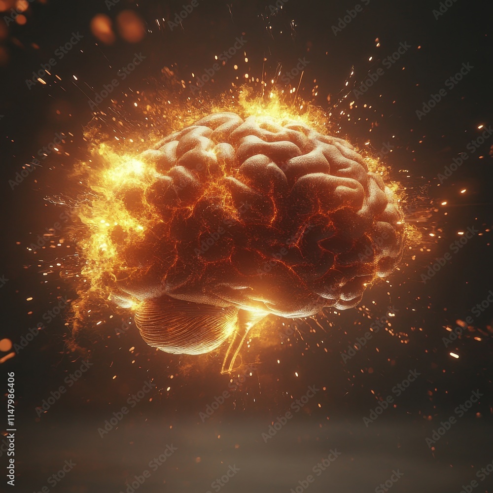 Poster conceptual visualization of a human brain igniting with flames, symbolizing creativity and intellect