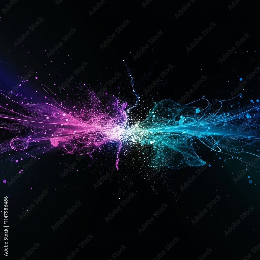 Poster vivid burst of colorful particles creating an abstract cosmic design with purple and blue hues again