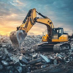 Heavy Excavator Removing Concrete Rubble
