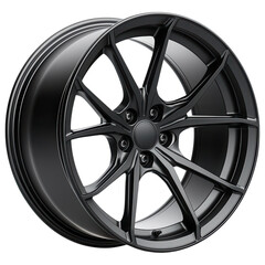 A sleek black alloy wheel featuring a multi-spoke design, showcasing a modern aesthetic and high-performance appeal, white background, transparent background.