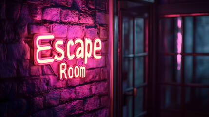 "Escape Room" neon sign in pink glow on brick wall, entertainment venue signage with mysterious atmosphere