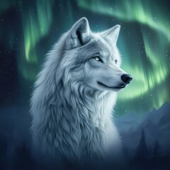 Obraz premium Mythical wolf with silver fur under aurora borealis, wildlife, surreal arctic elegance