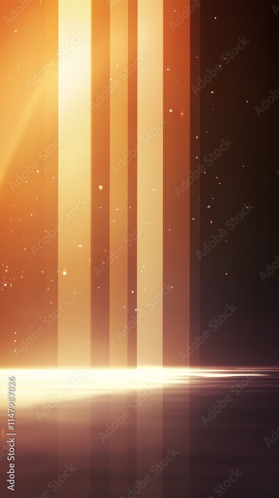 Poster abstract vertical light beams reflecting on a serene surface during a golden hour ambiance with floa