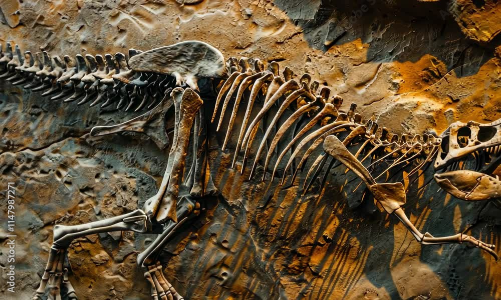 Poster fossil of dinosaur skeleton embedded in rock