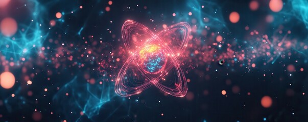 Atom with electrons orbiting a nucleus, glowing with energy and vibrant colors on a dark background. Scientific background concept. Stock photo.
