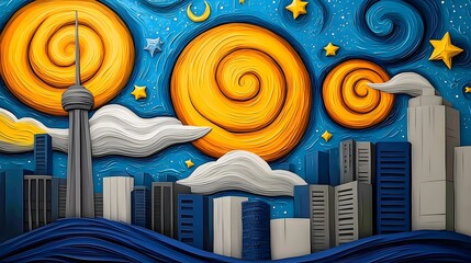 Colorful Cityscape with Abstract Swirls and Bright Night Sky