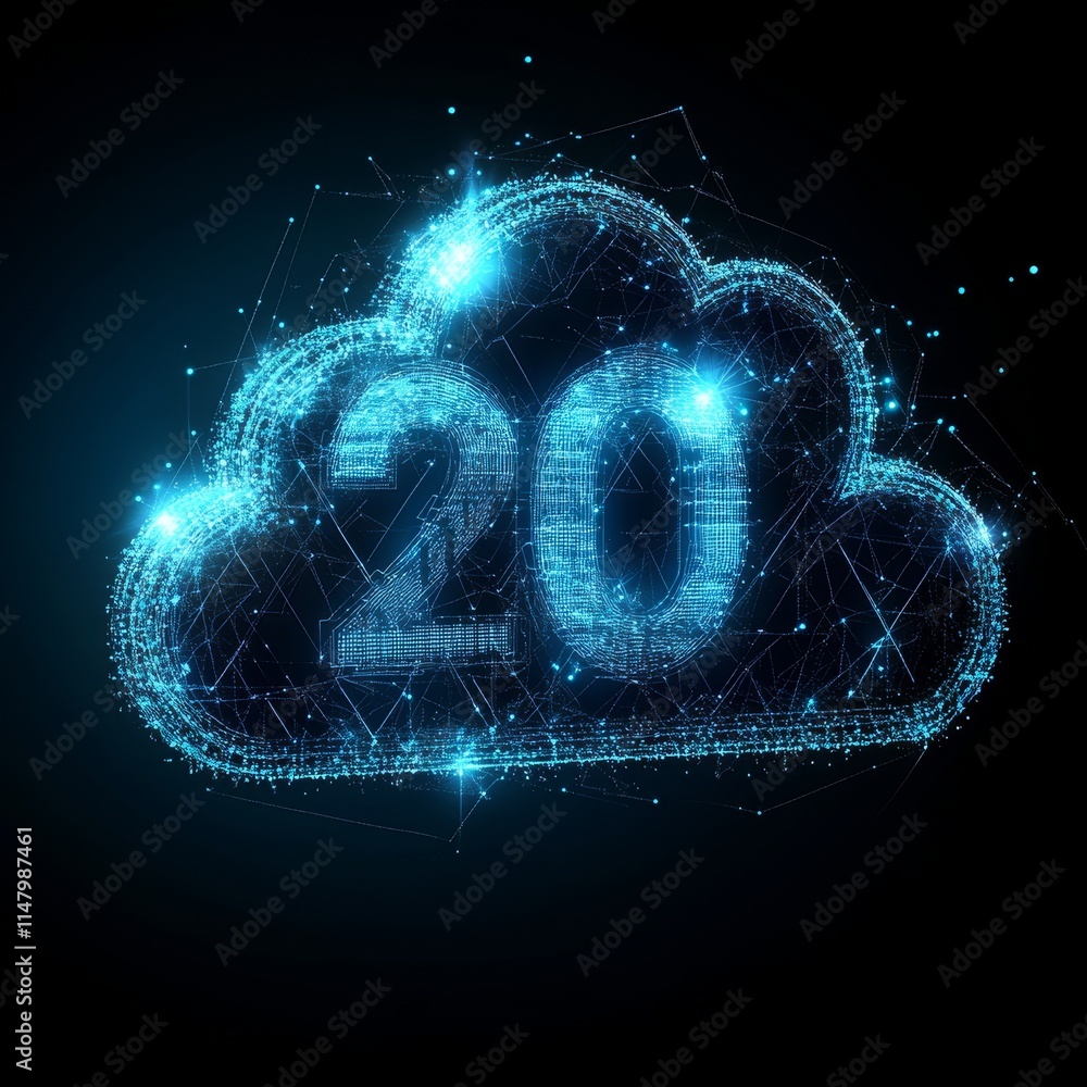 Poster digital cloud symbol with glowing network connections and the number 20 displayed prominently in bri