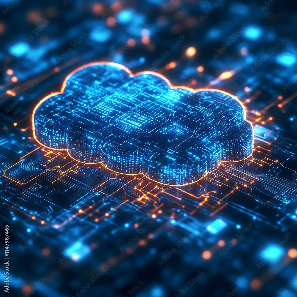 Poster digital cloud symbol over abstract technology background with glowing circuits and data connections