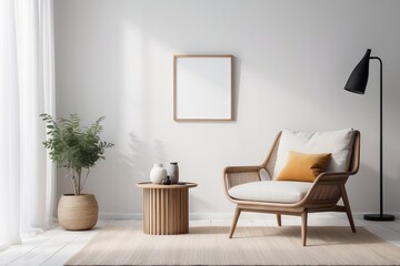 Stylish living room interior with comfortable chair and side table near white wall