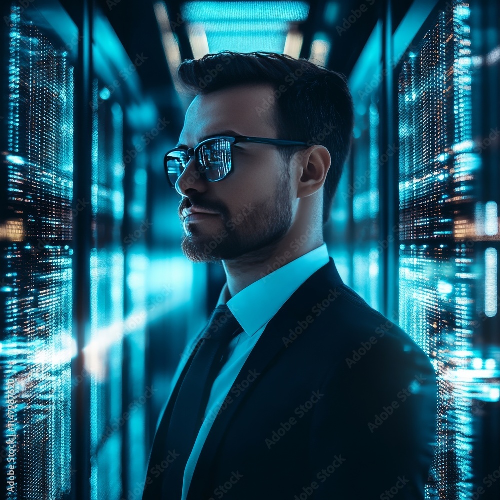 Poster business professional in futuristic server room with illuminated data paths and digital displays at 